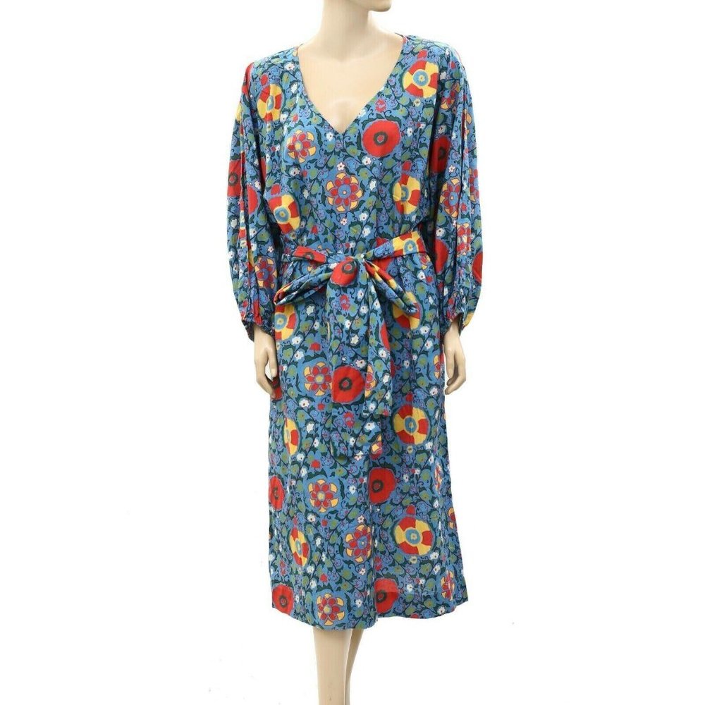 Rhode Resort Floral Printed Shift Midi Dress Cotton Blue Dolman Sleeve M